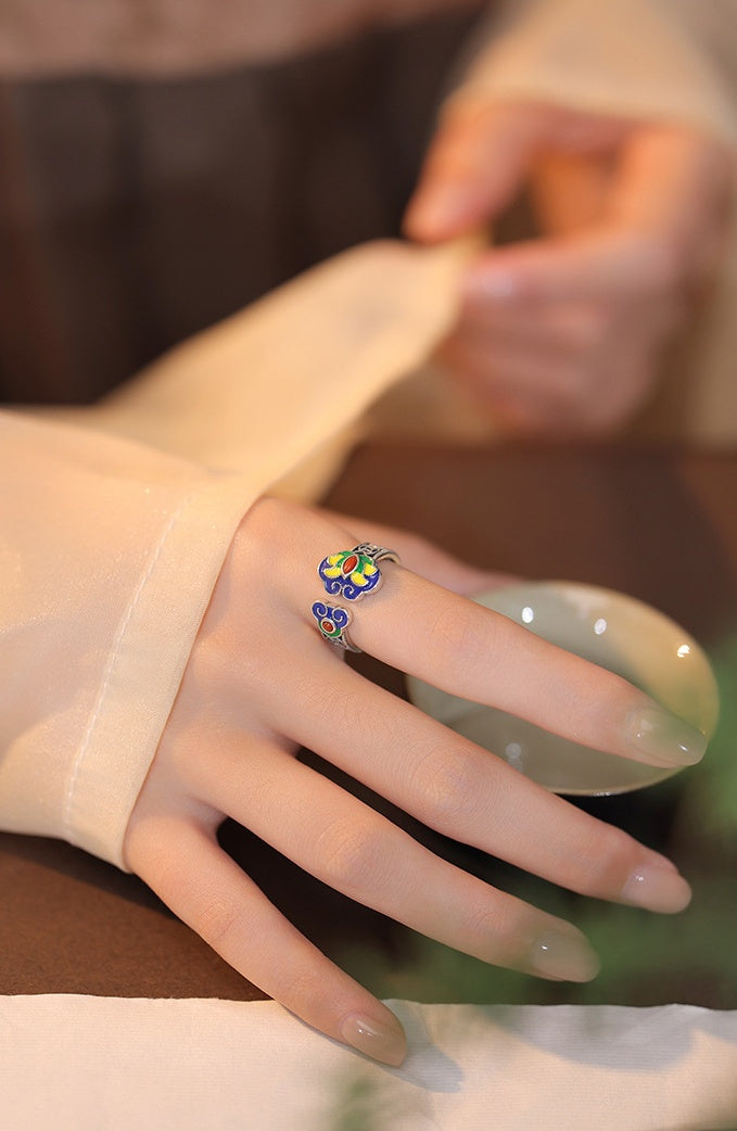 Enamel Ruyi Cloud Agate S925 Silver Adjustable Ring-Graceful Blessings