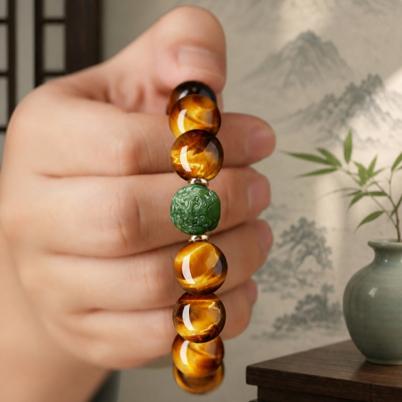 Steady Purpose-Nephrite Jade Pixiu Yellow Tiger's Eye Bracelet