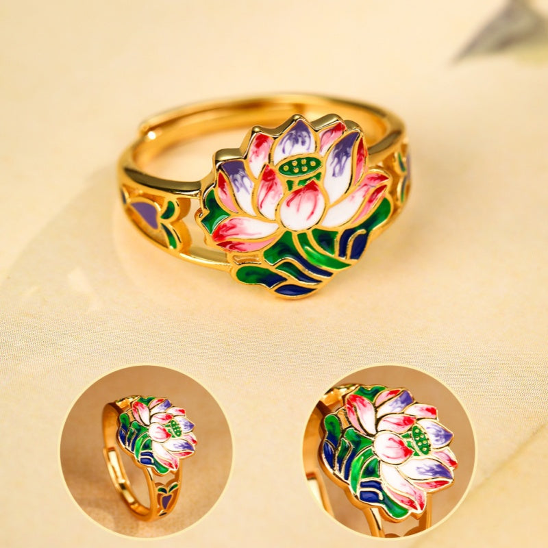 Delicate Bloom-Enamel Lotus Gold-Plated Ring