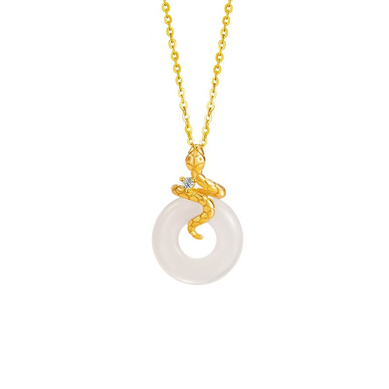 Gold Snake White Jade Pendant Necklace-Passion & Determination