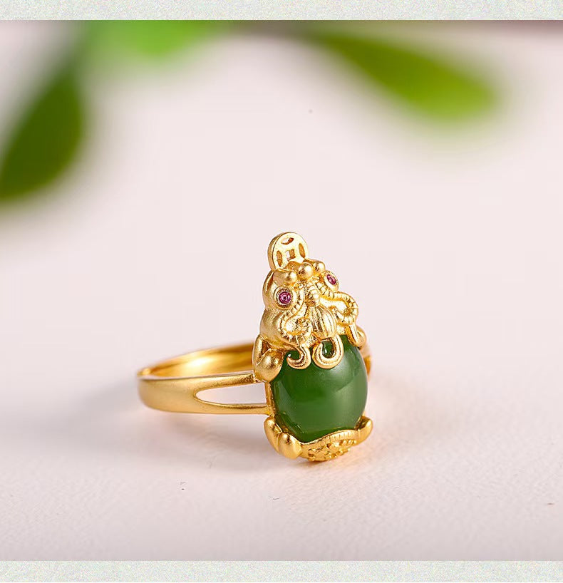 Guardian Prosperity Pixiu Green Jade Gold-Plated Silver Ring