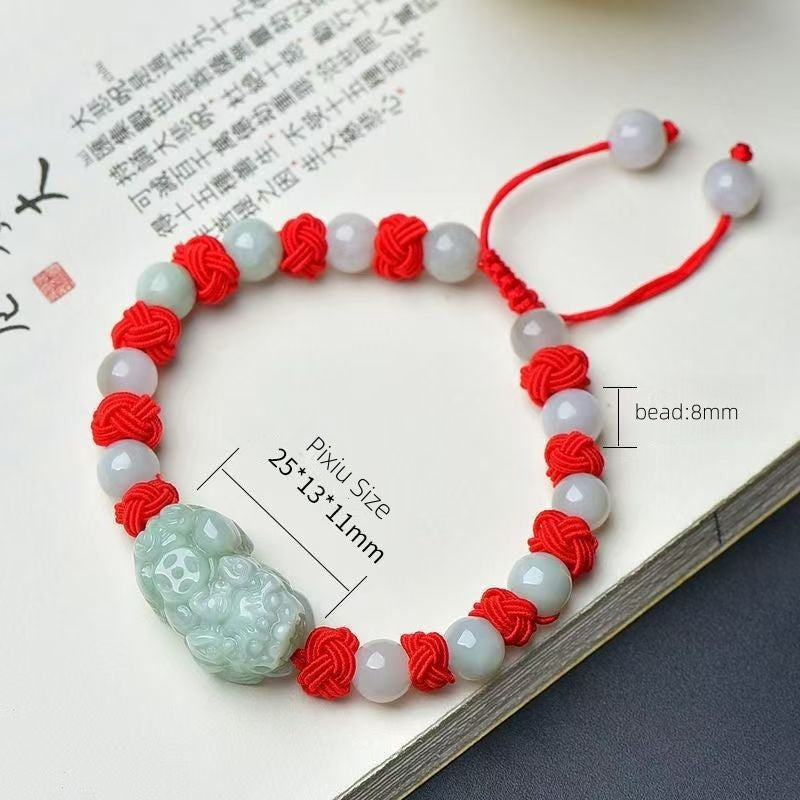 Grand A Natural White Jade Pixiu Red Rope Wealth Bracelet