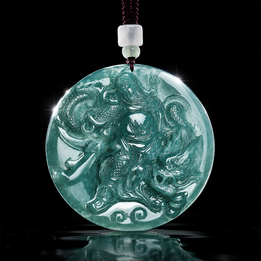 Guan Gong Dragon Jade Pendant-Amulet for Career Elevation, Prosperity & Protection