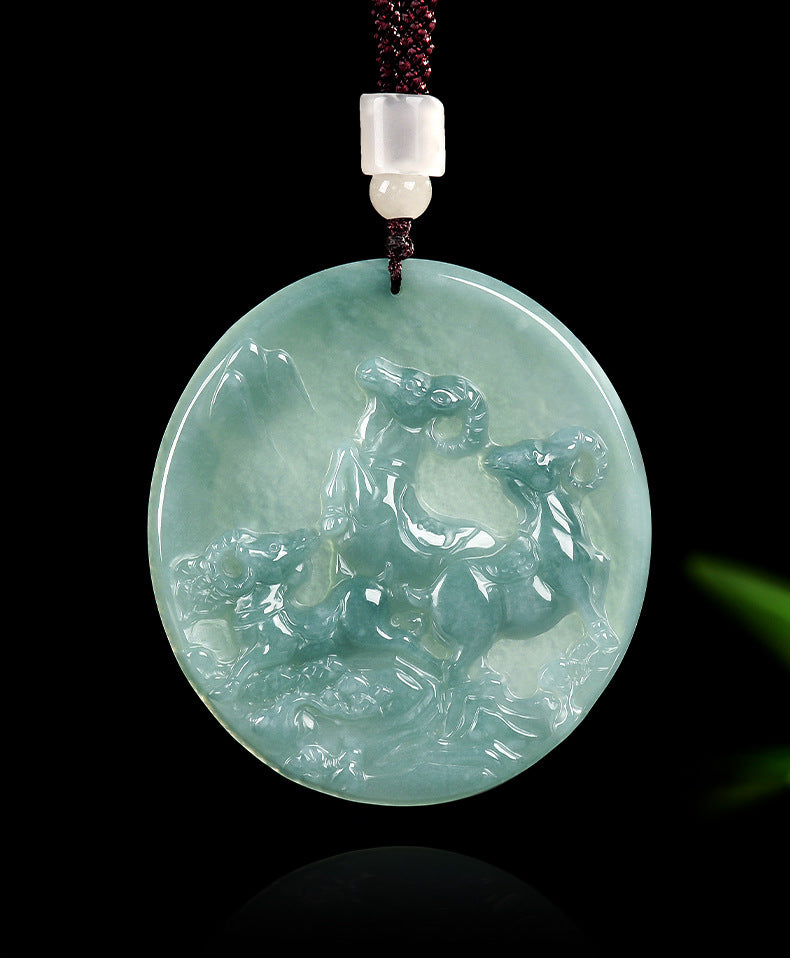 Grade A Blue Jadeite Goat Pendant – “Three Goats Bring Bliss” Carved Jade Amulet for Harmony & Prosperity
