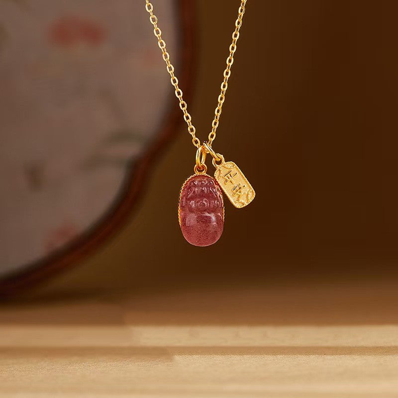 Strawberry Quartz Pixiu & Peace Amulet Pendant Necklace -Attract Luck& Peace