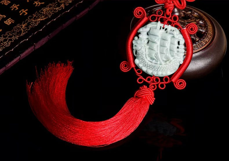 Jade Dragon Boat Car Hanging Ornament – Safe Journey & Success Charm with Red Tassel