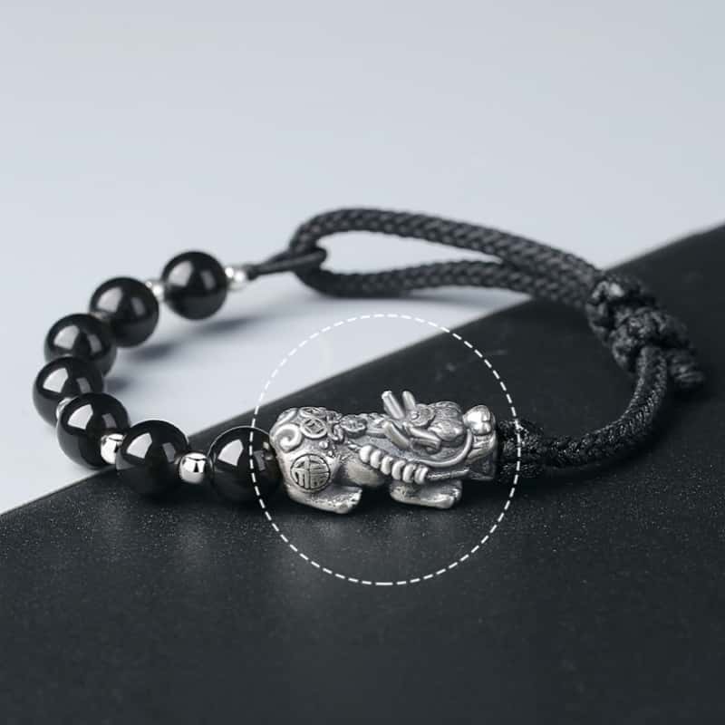 Wealth and Blessing-Pixiu Fine Silver and Obsidian Braided Bracelet