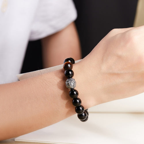 Chasing Light-Obsidian & Tiger's Eye Silver Bead Bracelet
