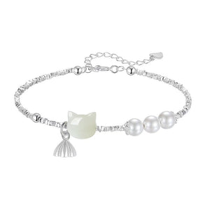 Lucky Cat White Jade Silver Nugget Bracelet-Fortune&Prosperity