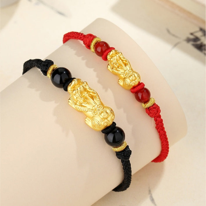 Welcoming Fortune-Pixiu Obsidian and Red Agate Couple Bracelet Set
