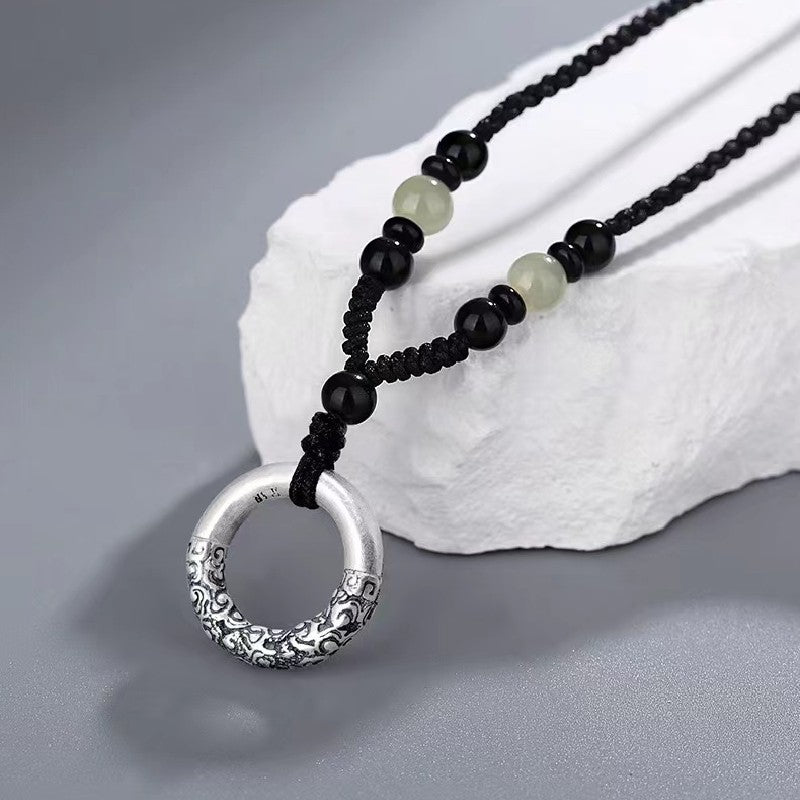 Lucky Clouds Black Agate Bead 999 Silver Pendant -Prosperity Luck