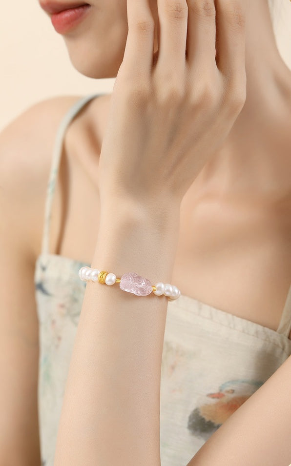 Rose Quartz Pixiu Bracelet with Pearls – 925 Silver Fortune & Peace Charm