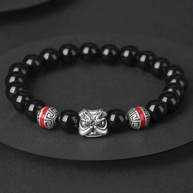 Lion Dance 925 Sterling Silver Obsidian Bracelet-Courageous Energy