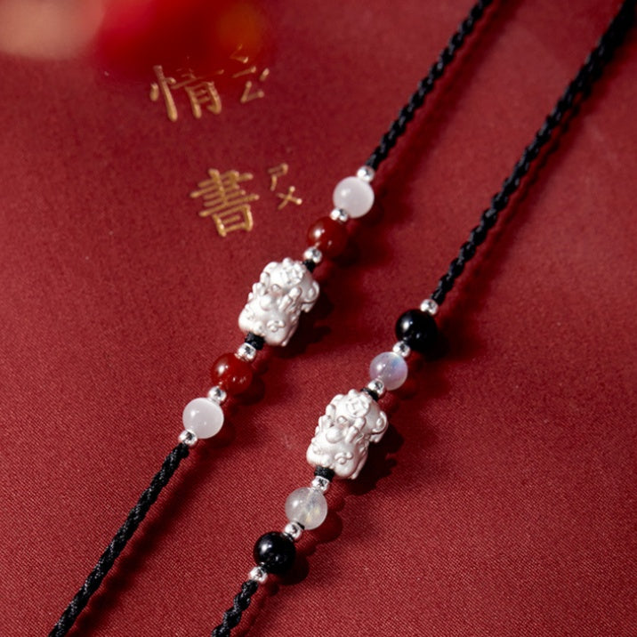 Pixiu Obsidian and Red Agate Braided Couple Necklace Set-Good Fortune Ahead