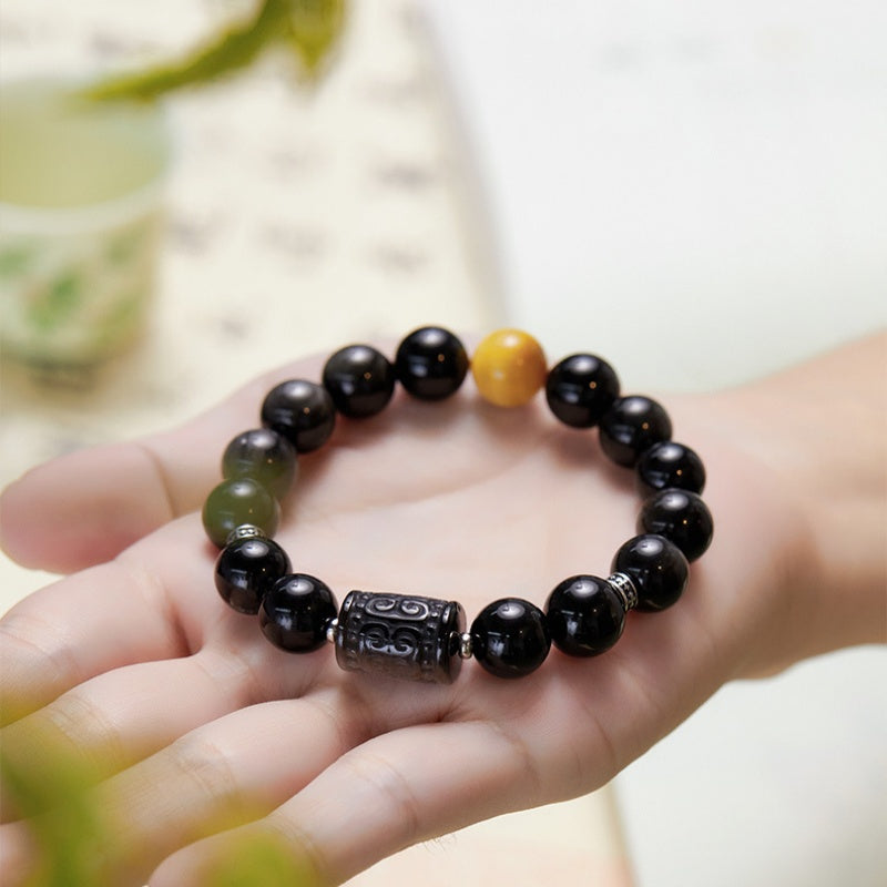 Silver Sheen Obsidian Golden Tiger's Eye Barrel Bead Bracelet-Fearless Soul