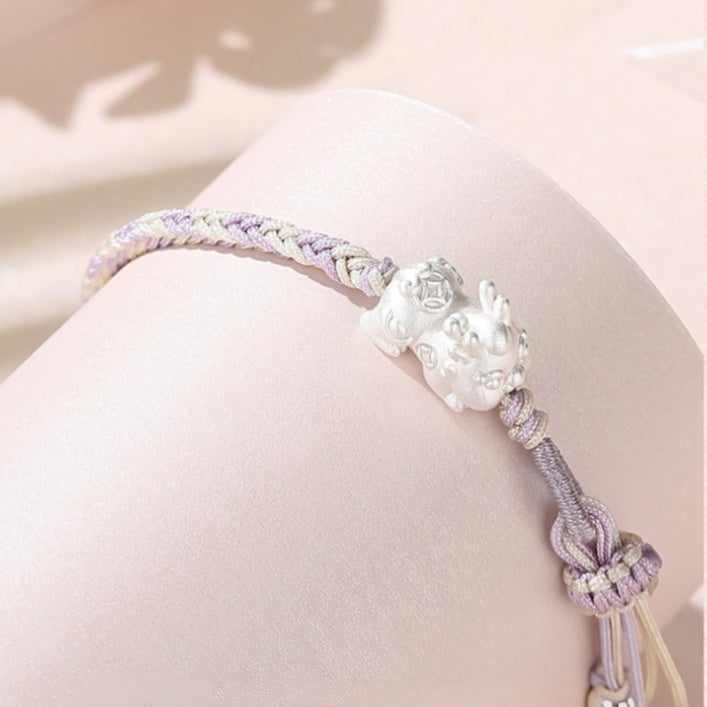 Peace and Joy-Pixiu Fine Silver and White Chalcedony Braided Bracelet