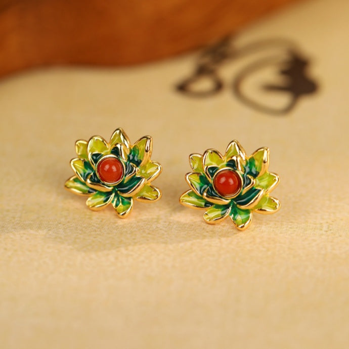 Lotus Red Agate Stud Earrings-A Quiet Unfolding