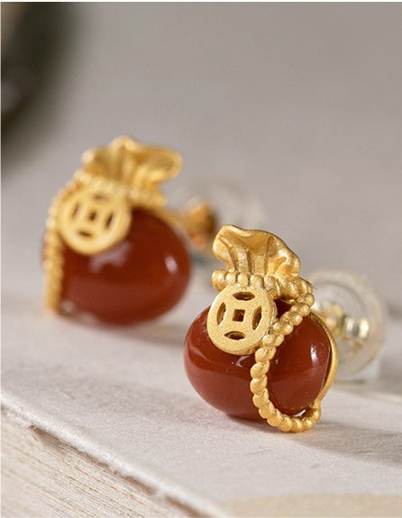 Red Agate Fortune Bag Earrings – 18K Gold-Plated Sterling Silver Studs