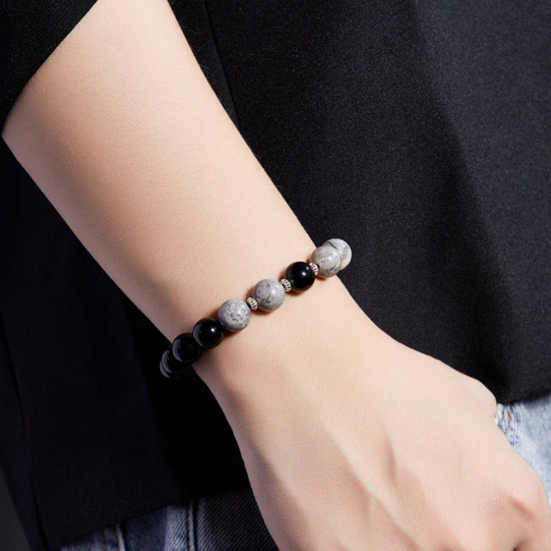 Obsidian and Map Jasper 925 Sterling Silver Beaded Bracelet-Quiet Contrast