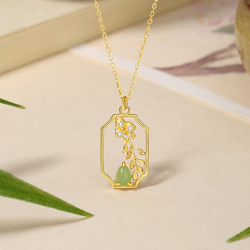 Fortune in Bloom-Floral & Gourd Green Jade Necklace