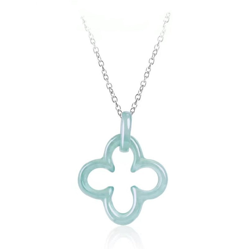 Luck Four Leaf Clover Jade Pendant Necklace-925 Sterling SIlver