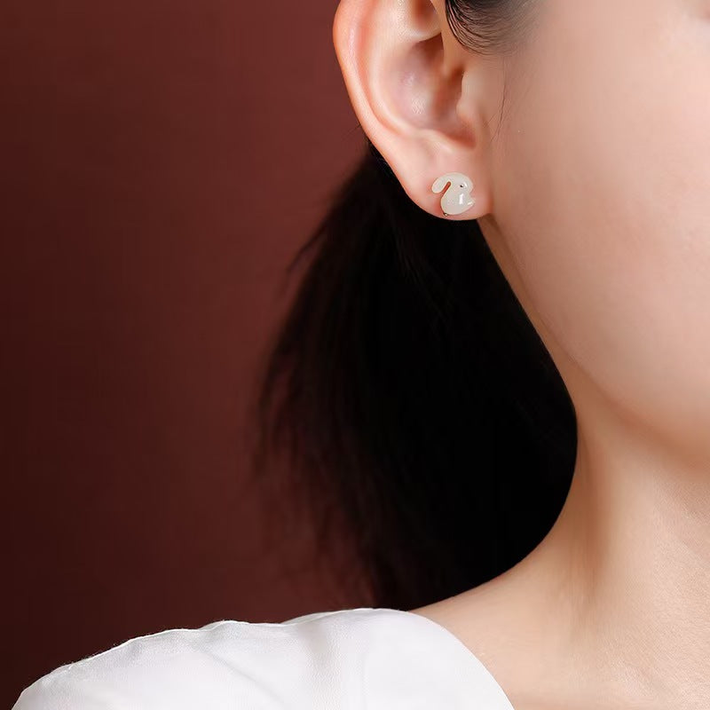 Wealth Rabbit Hetian Jade Earrings-Good Fortune and Luck