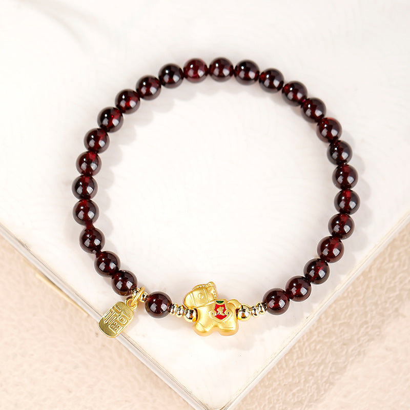 Gold-Plated Silver Lucky Horse Garnet Bracelet-Steady Beyond Obstacles