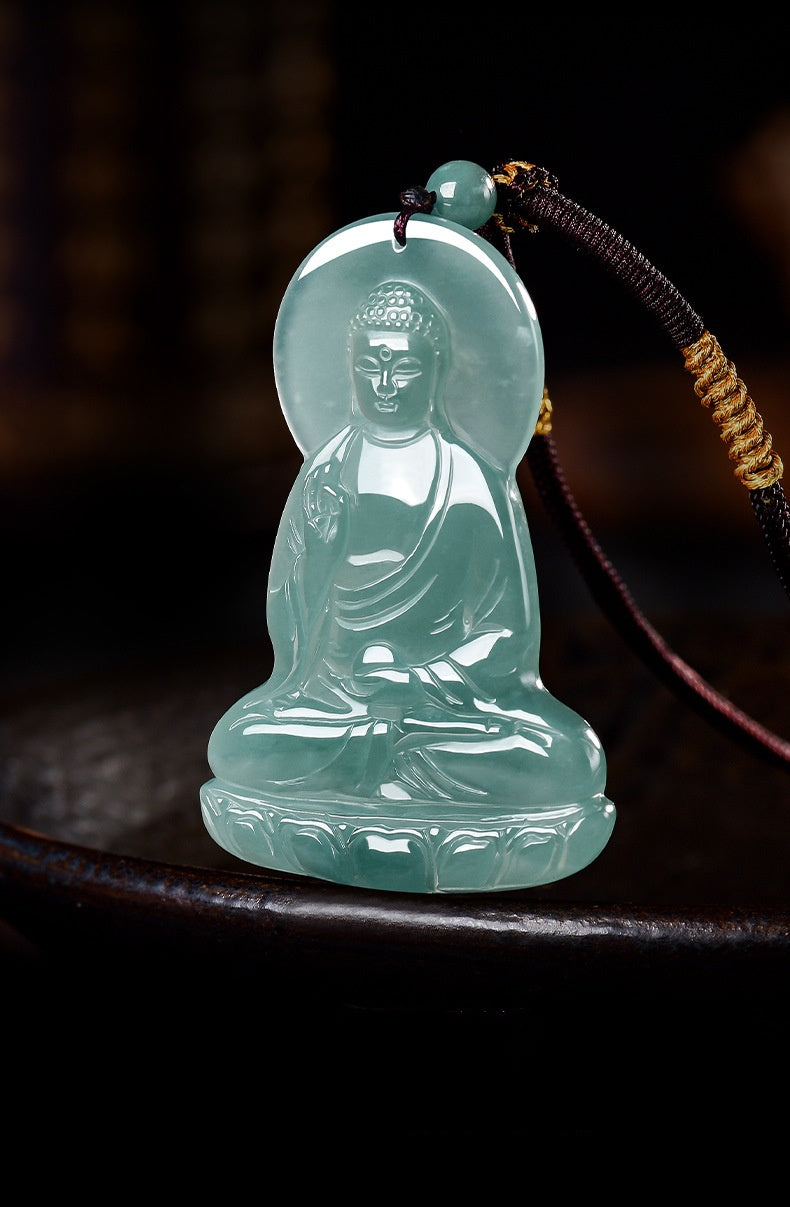 Infinite Light: Amitabha Buddha Jade Pendant-Peace, Compassion & Safe Journey front view