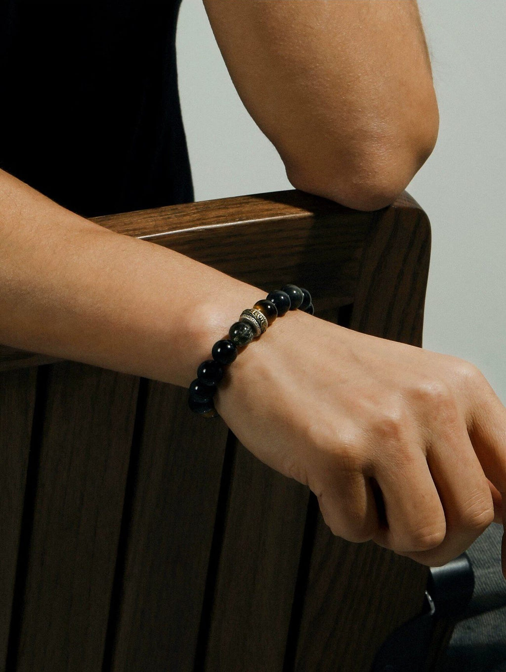 Six True Word Tiger's Eye and Black Obsidian Men's Bracelet-Steady Intention