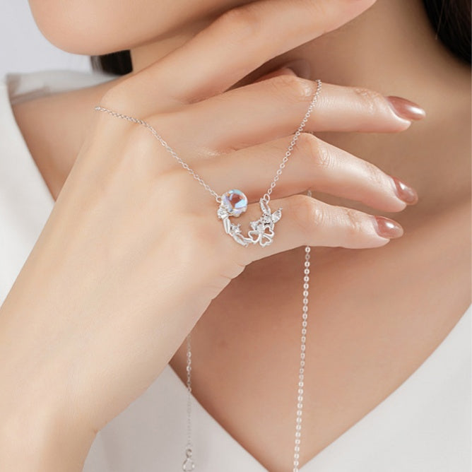 Butterfly & Clover Sterling Silver Necklace-Happiness in Finding You