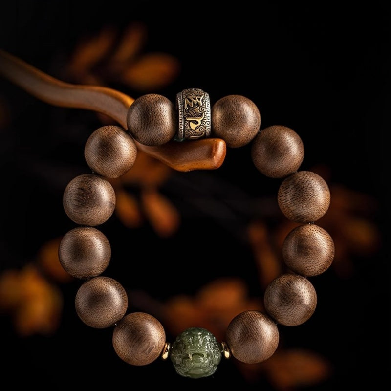 Agarwood Bracelet with Hetian Jade Pixiu & Mantra Bead-Steady Fortune