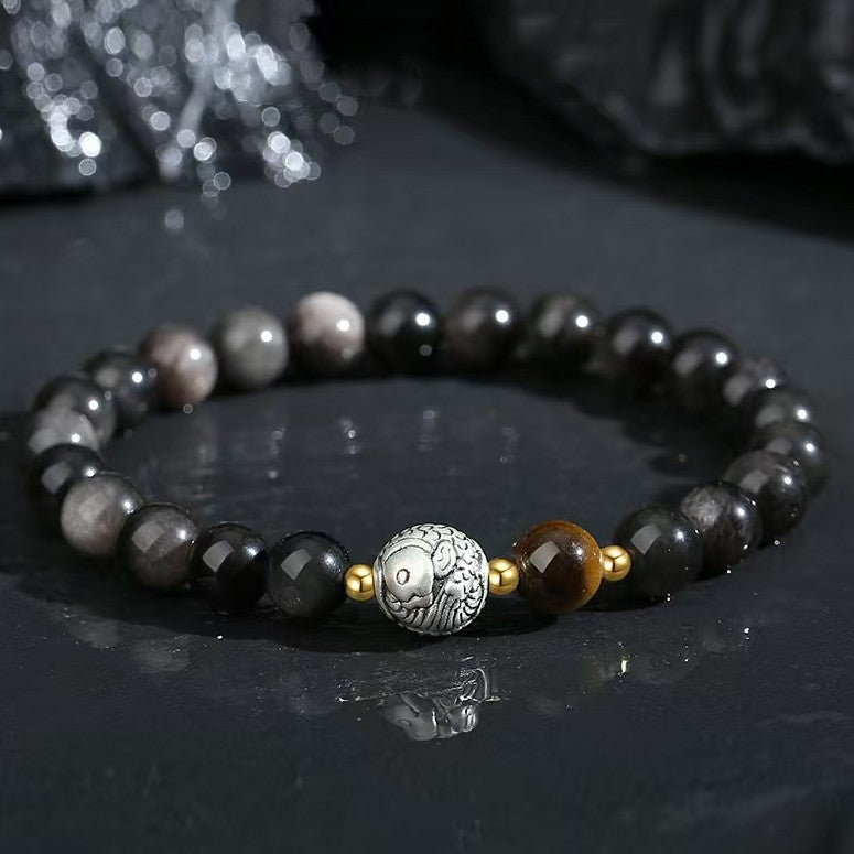 Silver Koi Fish Obsidian Men`s Bracelet-Prosperity Luck