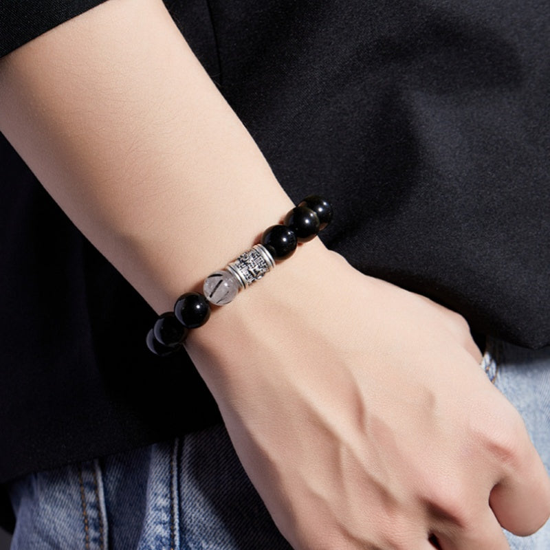 Peace and Protection-Six-Syllable Mantra Gold Sheen Obsidian Beaded Bracelet