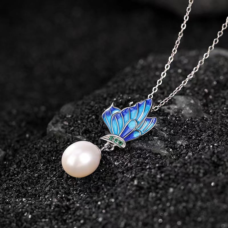 Natural Pearl Blue Enamel Butterfly Necklace-Peace and Harmony