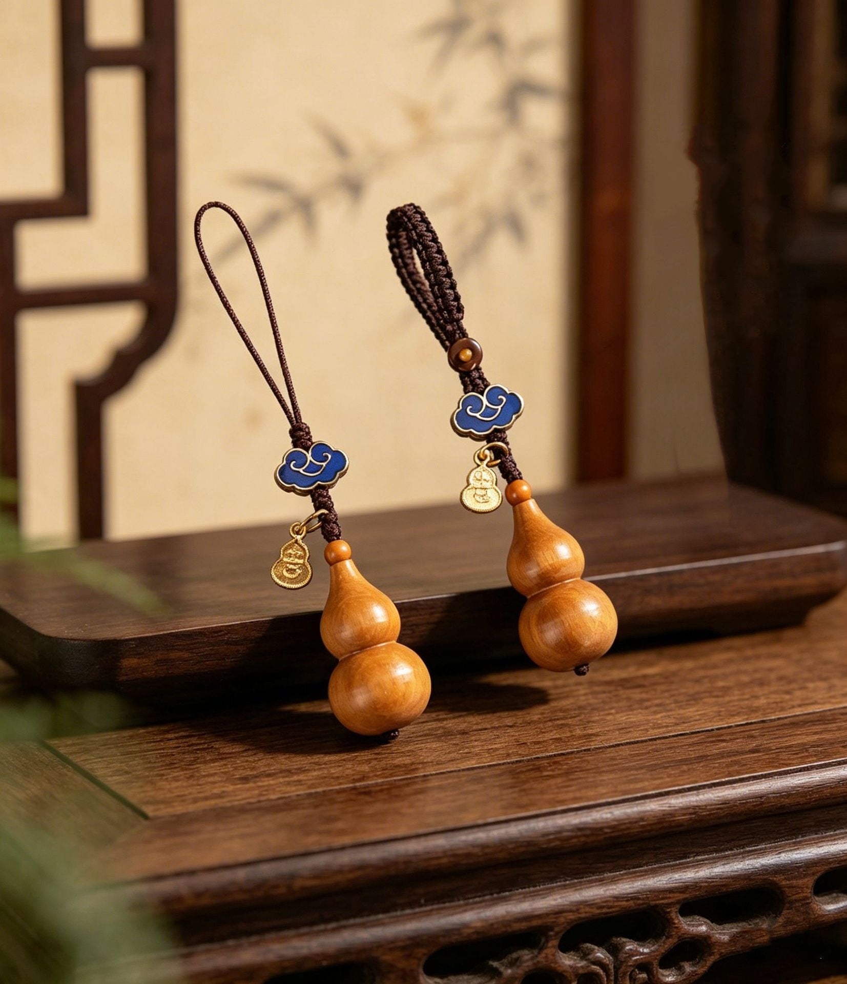 Sandalwood Gourd Lucky Charm Phone Strap-Cloisonné & 18K Gold Plated