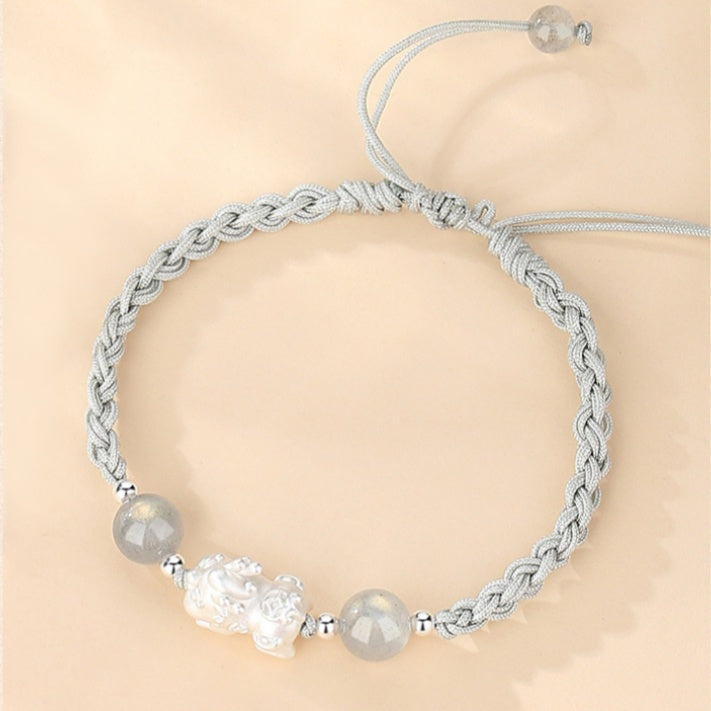 Pixiu Strawberry Quartz Grey Moonstone Couple Cord Bracelet-Joyful Blessing