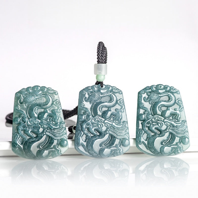 Natural Blue-Green Jade Dragon Pendant–“Prosperity & Peace” Hand-Carved Business Amulet