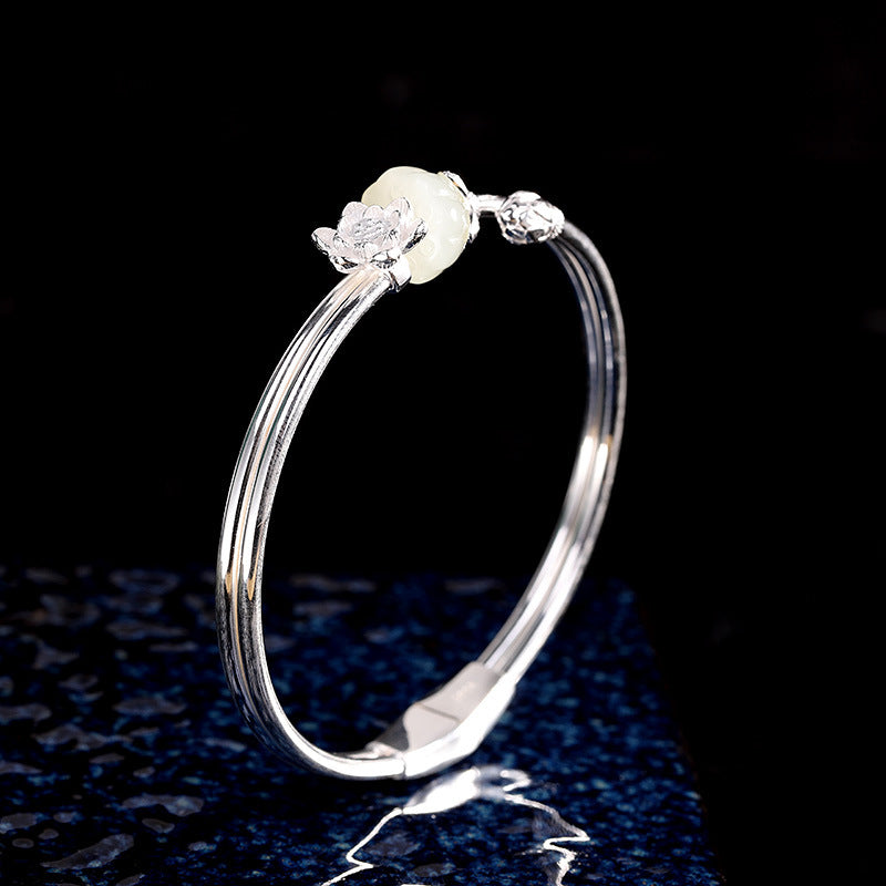 Quiet Renewal-Jade Lotus 925 Sterling Silver Bangle