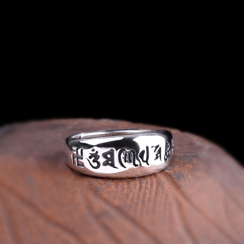 925 Sterling Silver Open Ring – Women’s Thai Silver Vintage Band with Six True Words Mantra