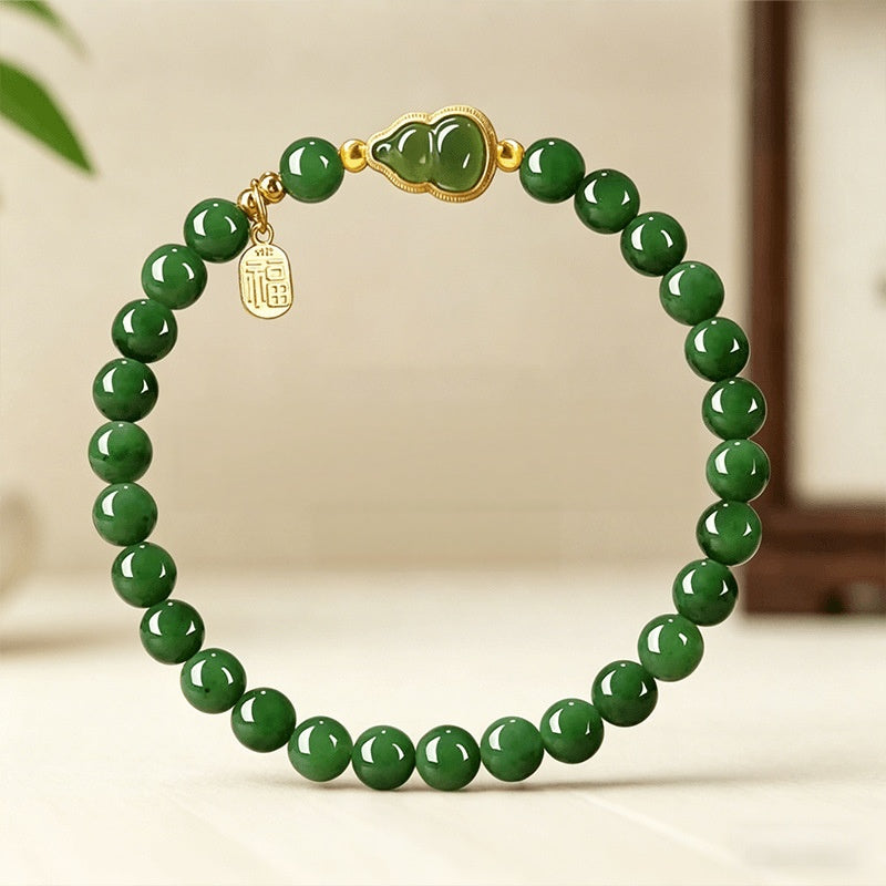 Natural Nephrite Jade Gourd & Fu Plaque Bracelet-Grounded Harmony