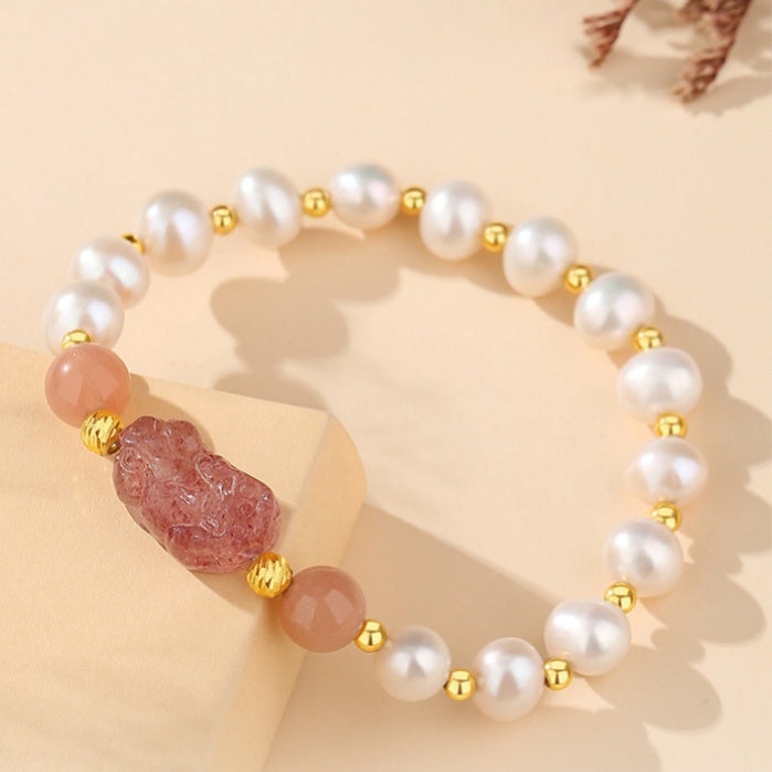 Pixiu Strawberry Quartz Sunstone Freshwater Pearl Bracelet-Joyful Blessings