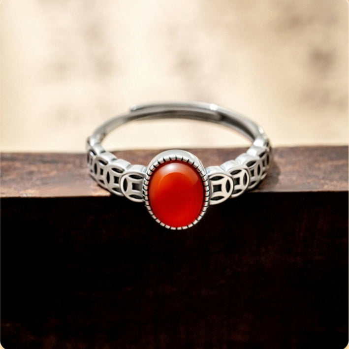 Ancient Coin Red Agate S925 Silver Adjustable Ring-Timeless Radiance
