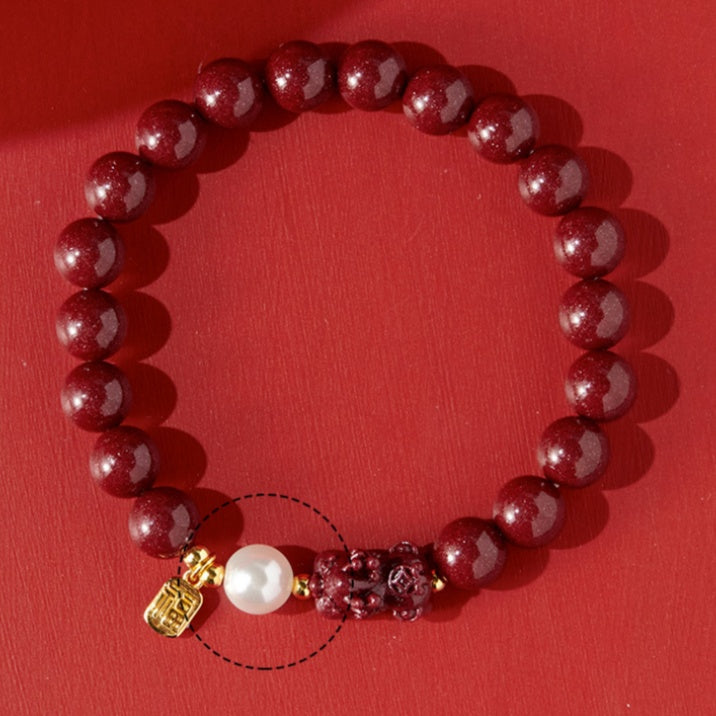 Pixiu Pressed Cinnabar Beaded Bracelet-Gathering Fortune