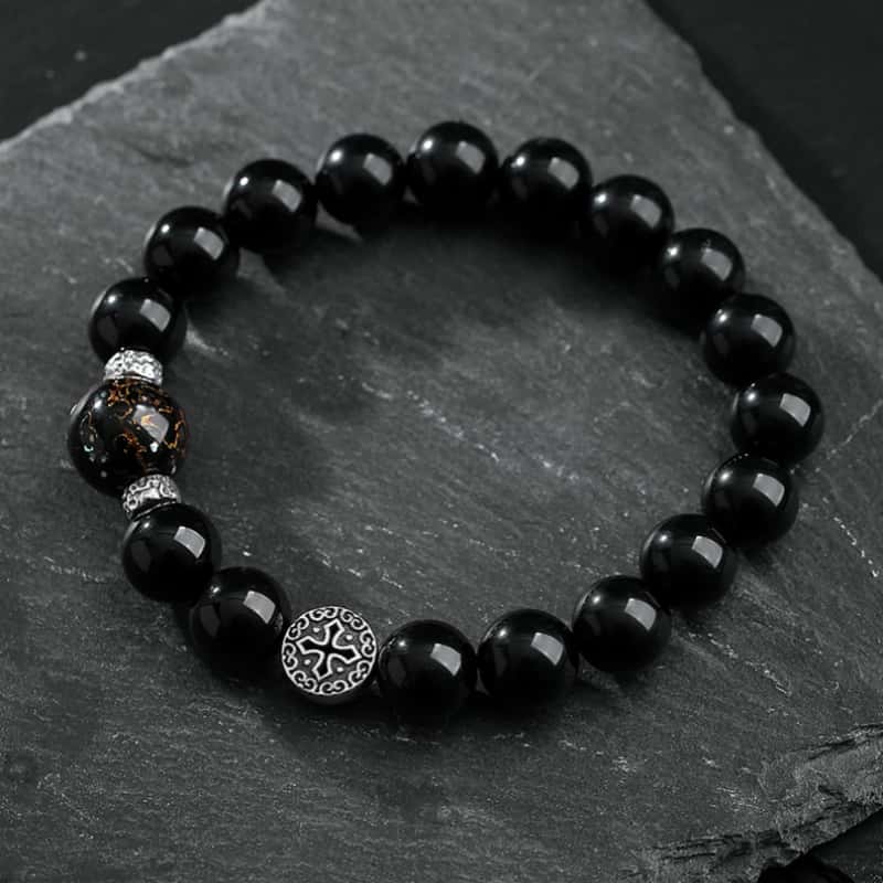 Steady Courage-Lacquered Ebony Bead Obsidian Bracelet