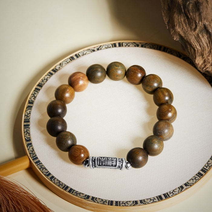 Good Fortune-Fine Silver Auspicious Blessing & Green Sandalwood Bead Bracelet