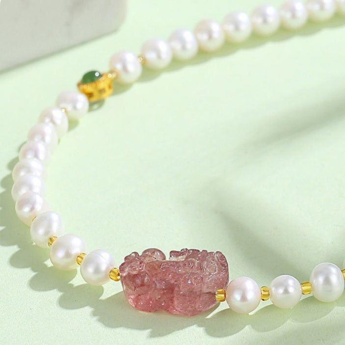 Pixiu Strawberry Quartz Sunstone Freshwater Pearl Bracelet-Joyful Blessings