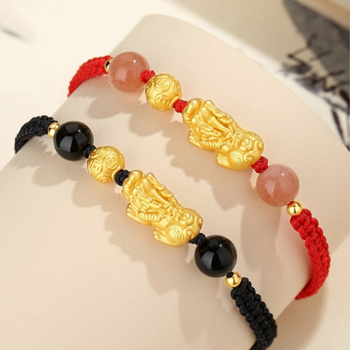 Wealth and Protection-Pixiu Sunstone and Obsidian Couple Bracelet