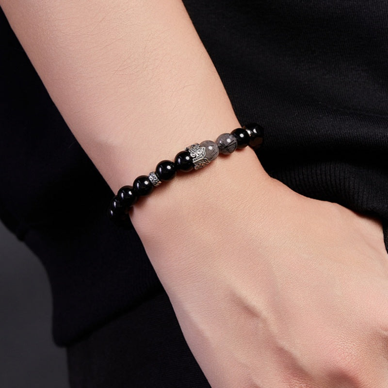 Ink Rhyme-Obsidian & Black Rutilated Quartz Beaded Bracelet