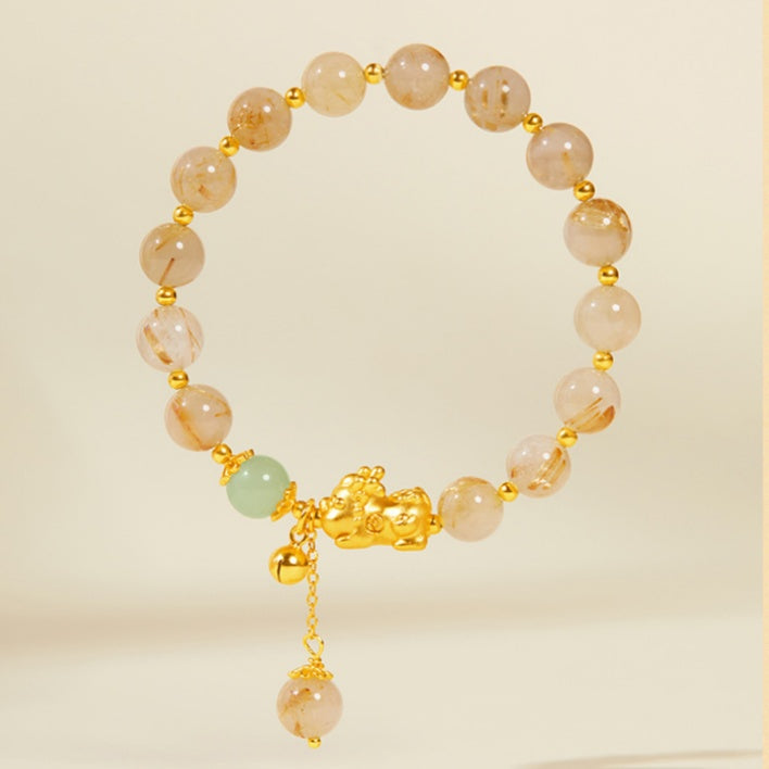 Welcoming Prosperity-Pixiu Gold Rutilated Quartz and Nephrite Jade Beaded Bracelet