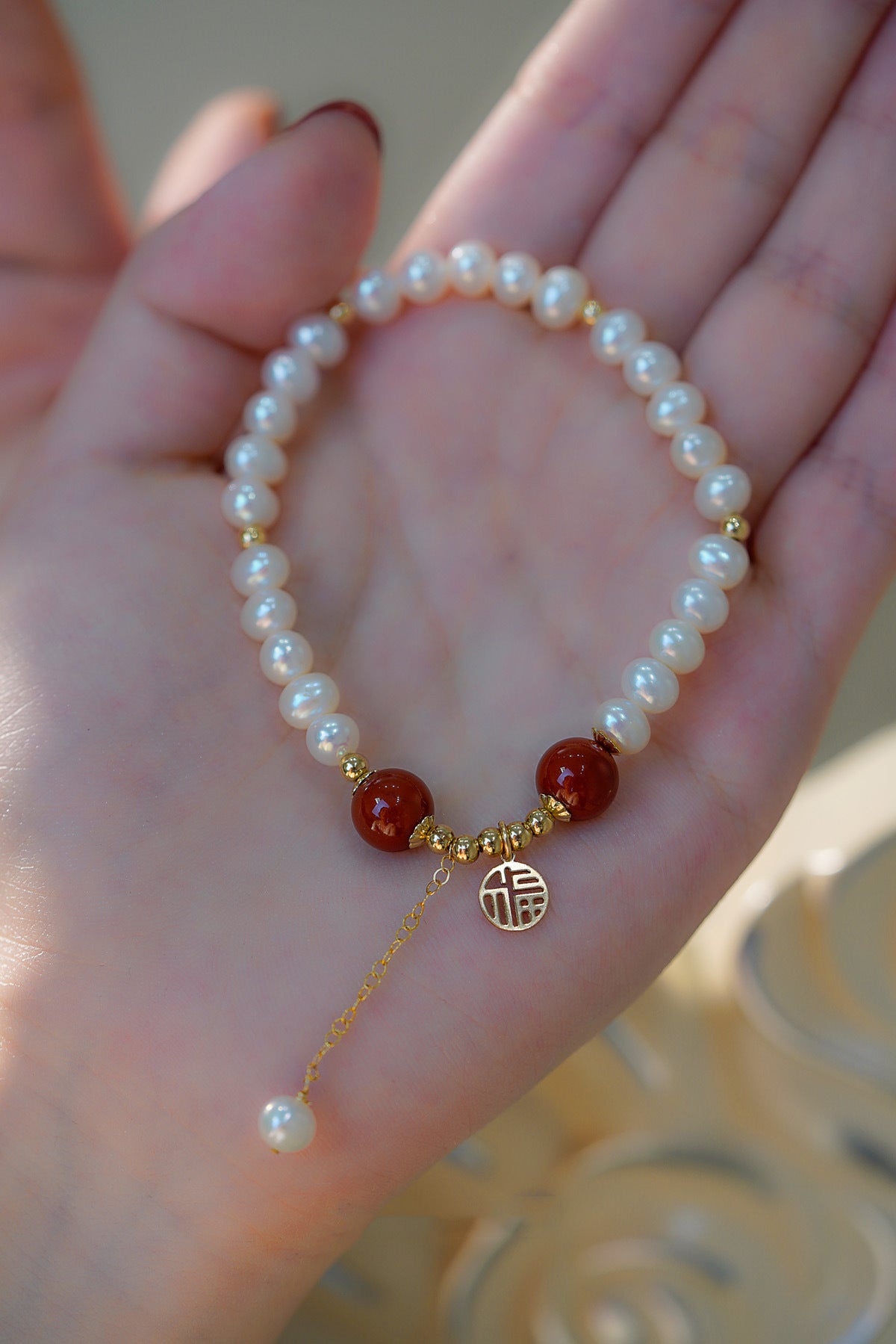Natural Pearl Bracelet-Green Jade Beads Fu